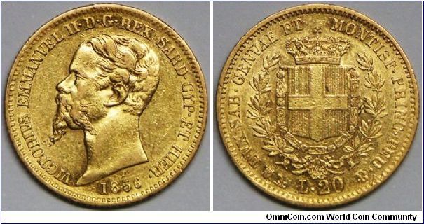 Italian States - Sardinia, Vittorio Emanuele II, 20 Lire, 1856 P. 6.4500 g, 0.9000 Gold, .1866 Oz. AGW, Mintage: 113,000 units.