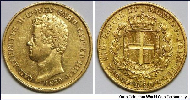 Italian States - Sardinia, Carlo Alberto, 20 Lire, 1839P. 6.4500 g, 0.9000 Gold, .1866 Oz. AGW. Mintage: 70,000 units. VF.