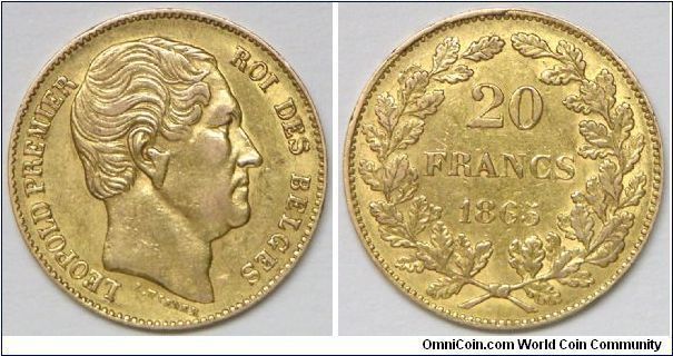 Leopold I, 20 Francs (20 Frank), 1865 L. Winner. 6.43g, 0.9000 Gold, .1867 Oz. AGW. Mintage: 1,548,000 units. About EF. [SOLD]