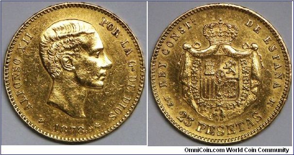 Alfonso III, 25 Pesetas, 1878 DE-M. 8.0645 g, 0.9000 Gold, .2333 Oz. AGW. Mintage: 5,192,000 units. XF.