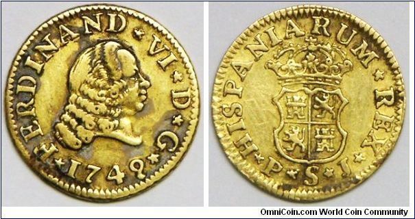 Ferdinand VI, 1/2 Escudo, 1749 PJ. 1.6900 g, 0.9170 Gold, .0498 Oz. AGW. Mint: Seville. Mintage: Unknown. VF+.