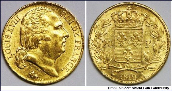 Louis XVIII, 20 Francs, 1819A. 6.4516 g, 0.9000 Gold, .1867 Oz. AGW. Mint: Paris. Mintage: 2,350,000 units. AU.