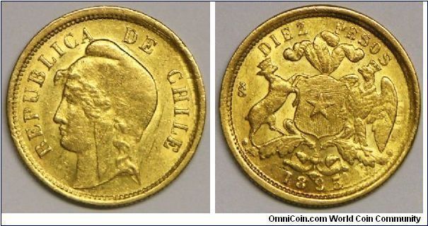 Republic, 10 Pesos, 1895 (One year type), crudely struck as usual. 5.9910 g, 0.9170 Gold, .1766 Oz. AGW. Mintage: 808,000 units. Crudely struck VF. Scarce.