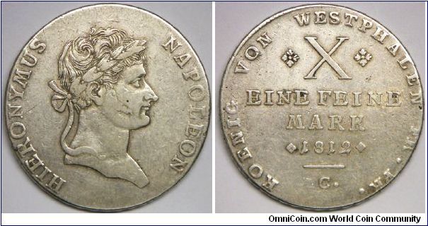 German States - Westphalia, Jerome (Hieronymus) Napoleon (1807 - 1813), Thaler. 1812C. 28.0600 g, 0.8330 Silver, .7515 Oz. ASW. VF+. Scarce in this condition.