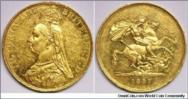 Queen Victoria (Jubilee Head), 5 Pounds (Quintuple Sovereigns), 1887 (One year type). 39.9403 g, 0.9170 Gold, 1.1773 Oz. AGW. Mintage: 54,000 units. Bag Marks/Contact Marks. EF.