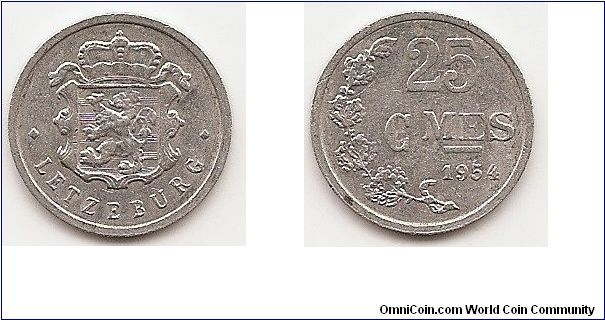 25 Centimes
KM#45a.1
Aluminum, 18.5 mm. Ruler: Jean Obv: Crowned national arms
flanked by diamonds Rev: Value and date to right of sprig Note:
Coin alignment
