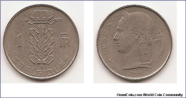 1 Franc
KM#142.1
4.0000 g., Copper-Nickel, 21 mm. Obv: Plant divides denomination
, crown at top, legend in French Obv. Leg.: BELGIQUE Rev:
Laureate bust, left, small symbol at right, date at left Edge: Reeded