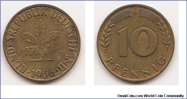 10 Pfennig
KM#108
4.0000 g., Brass Plated Steel, 21.5 mm. Obv: Five oak leaves,
date below Obv. Leg.: BUNDESREPUBLIK DEUTSCHLAND
Rev: Denomination Edge: Plain