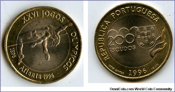 200 escudos  
Atlanta Games
Ladies High Jump
Olympic rings, Portugese coat of arms & Value