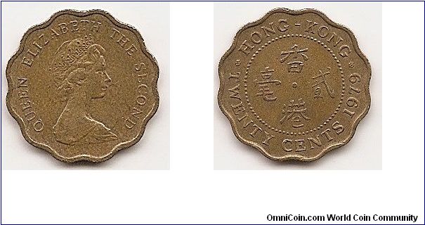 20 Cents
KM#36
2.6000 g., Nickel-Brass, 19 mm. Ruler: Elizabeth II Obv: Young
bust right Rev: English around central Chinese legend