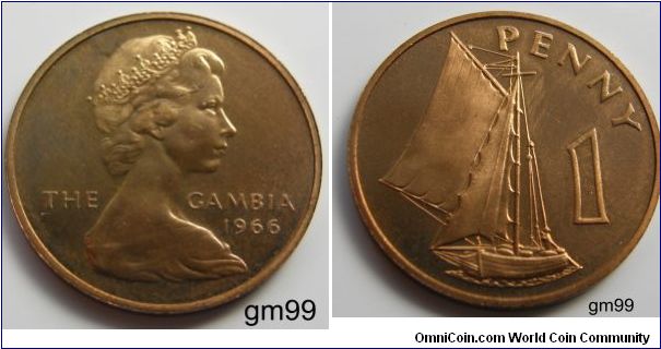 1 penny, 1966, Bronze. 
 Queen Elizabeth II's portrait on the obverse.Reverse:
Native sailing boat.