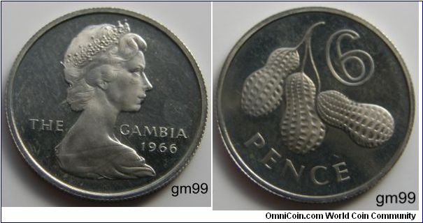 6 pence, 1966, Cupronickel. Queen Elizabeth II's portrait on the obverse. Reverse: Three peanuts.