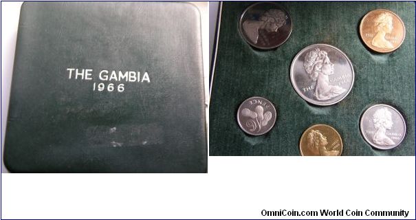 THE GAMBIA, 1966 SET, TOP OF BOX. COINS SET INSIDE BOX.