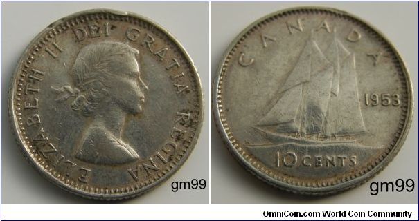 Elizabeth The II, Del Gratia Regina. Sailing ship and date
Canada. 10 Cents. 1953,ASW = Actual Silver Weight (ounces), 0.0600