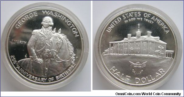 1982S-Mintmark: S (for San Francisco)  Commemorative Half Dollar, George Washington, The first commemorative half dollar since 1954 and the first 90% silver coin produced by the U.S. Mint since 1964.