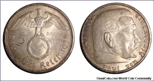 GERMANY (THIRD REICH)~5 Reichsmark 1936 A. Mint-Berlin