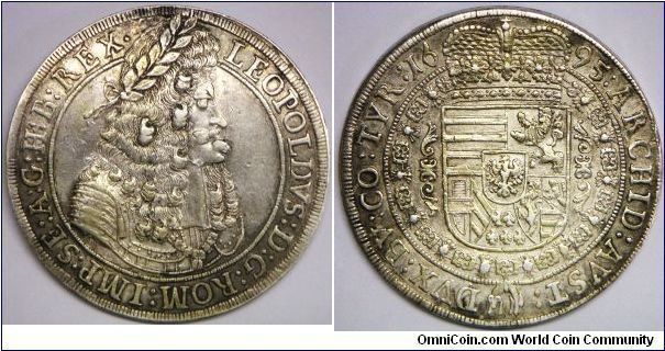 Holy Roman Emperor, Leopold I, Taler, 1695. 28.55g, Silver, 42mm. Near extremely fine.