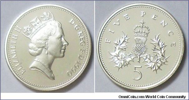 United Kingdom, Queen Elizabeth II, 5 pence, 1990. The original five pence piece weights 5.65 grammes and 23.59mm in diameter.  Mintage: 35,000. Proof.