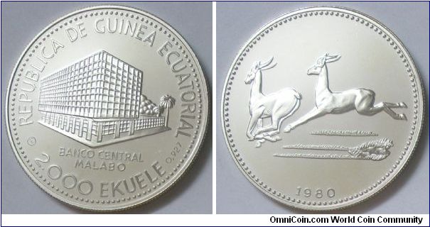 Guinea, 2,000 Ekuele, 1980. Subject: Republica De Guinea Educatorial, Banco Central Malabo. PROOF.