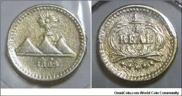 Republic, 1/4 Real, 1889. 0.7700 g, 0.8350 Silver, .0206 Oz. ASW.  Mintage: 870,000 units. Reverse: 5 stars below wreath. VF.