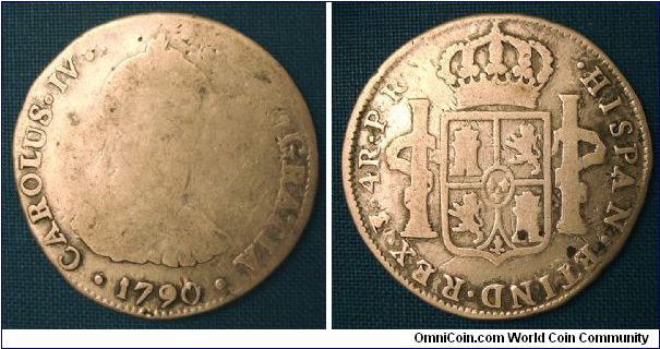 1790 4 reale Charles IV designation with bust of Charles III
12.77g (13.5400 is normal but this coin is worn hard and thin planchet near Carolus) 
PTS mintmark Potosi Bolivia, Assayer P.R.

4 reales are always the hardest to find, much harder than the 8 reale for any type.