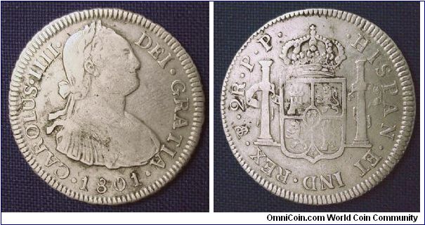 A 1801 King Charles IIII 2 reale from Bolivia under Spain (PTS/Potosi mint) Assayer P.P. 28mm 6.81g