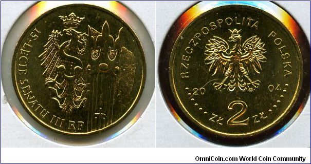 15 yrs of Senate
Image of the Speakers mace, stylised image of the Eagle from the
bas-relief in the seat of the Senate of the Republic of Poland.
Inscription, 15th anniversary of theSenate of the Third Republic of Poland
Eagle, value & date