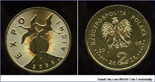 2 zloty
Int'l Expo 2005 Japan
Sunrise above the Fuji Mountain with an ornamental relief in the background. Above, a pair of flying cranes
Eagle, value & date