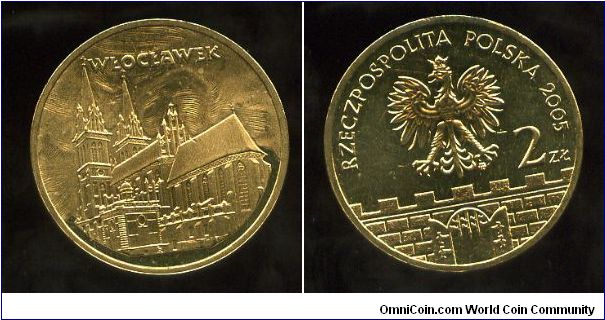 2 zloty
Historical Cities of Poland
Wloclawek
Wloclawek Cathedral
Eagle above battlements & gateway, value & date
