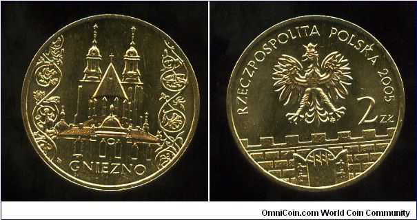 2 zloty
Historical Cities of Poland
Gniezno 
Gniezno Cathedral
Eagle above battlements & gateway, value & date