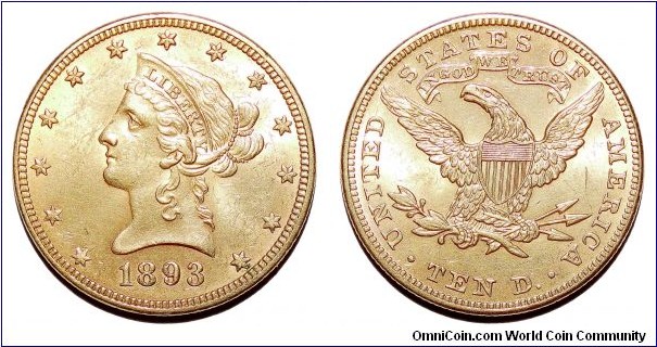 UNITED STATES~10 Dollar Gold (Coronet Head-New Style) 1893.