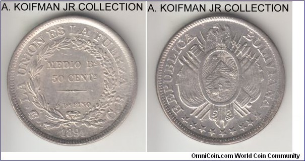 KM-161.5, 1891 Bolivia 50 centavos, CB essayer, Potosi mint (PTS mintmark in monogram); silver, reeded edge; almost uncirculated, an archtypical Bolivian strike of the period - almost uncirculated for wear (fastest worn areas will be wreath leafs on reverse and the sun and llama on obverse) combined with the flat breasted (raised) and flat headed (in depression) condor - probably rusted/worn out dies.