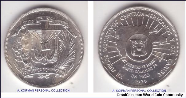 KM-35, 1974 Dominican Republic peso; silver, reeded edge; possibly impaired (toned) proof; commemorative issue for 12'th Central American and Caribbean games, mintage 50,000.