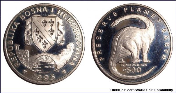 BOSNIA & HERCEGOVINA~500 Dinara 1993. Preserve Planet Earth-Brontosaurus.