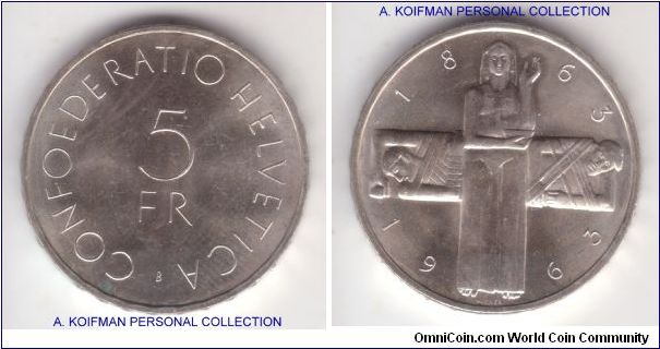 KM-51, 1963 Switzerland 5 francs; silver, raised lettered edge; Red Cross commemorative issue, average uncirculated