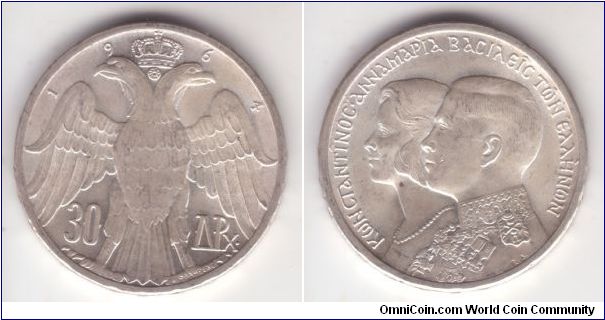 KM-87, 1964 Greece 30 drahmai; wedding commemorative; incuse edge lettering; average uncirculated.