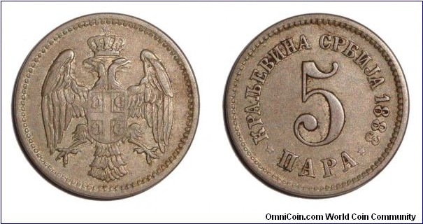 SERBIA (2nd KINGDOM)~5 Para 1883.