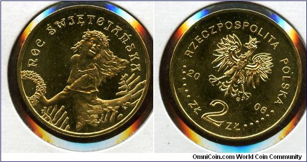 2 Zloty
Noc Swietojanska (St.John's Night)
A dancing girl holding a garland of flowers in her hand, & leaves of fern
Eagle, value & date