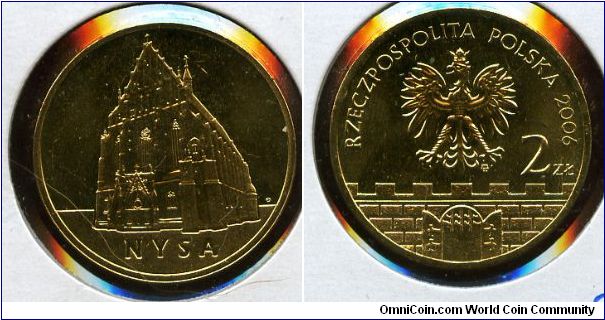 2 Zloty 
Historical Cities in Poland
Nysa
St. Agnes' Church 
Eagle above battlements & gateway, value & date