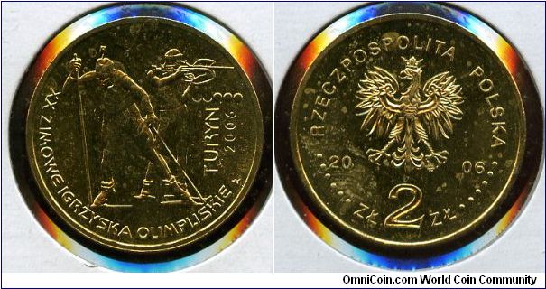 2 Zloty 
XXth Olympic Winter Games Turin
Images of a running and shooting biathlonists
Eagle, value & date