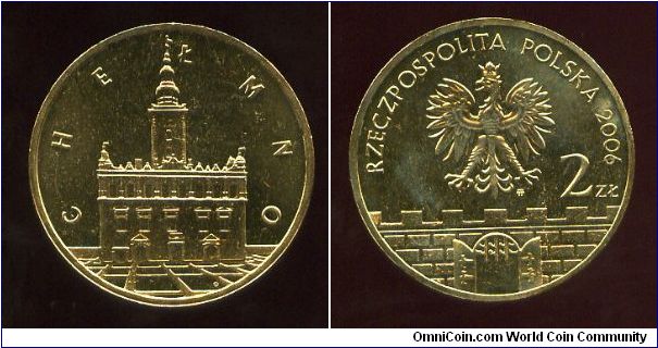 2 Zloty 
Historical Cities in Poland   
Chelmno
Town Hall
Eagle above battlements & gateway, value & date