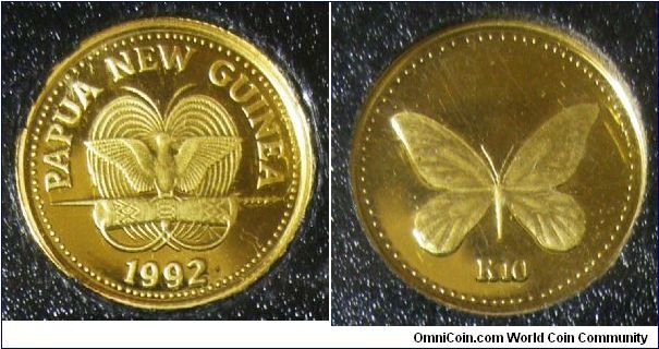 Commonwealth, 10 Kina, 1992. 1.5710 g, 0.9990 Gold, .0504 Oz. AGW. Obverse: National emblem, Reverse: Butterfly. Mintage: Unknown. PROOF.