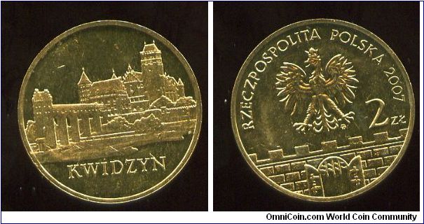2 Zloty
Historical Cities of Poland
Kwidzyn
14th century Gothic Ordensburg castle of the Teutonic Order, (Bishops of Pomesania) & cathedral (built 

1343-1384) containing the tombs of the bishops as well those of 3 Grand Masters of the Teutonic Knights
Eagle above battlements & gateway, value & date