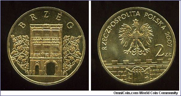 2 Zloty 
Historical Cities of Poland
Brzeg
The castle of the Silesian Piasts 
Eagle above battlements & gateway, value & date