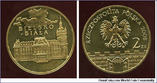 2 zloty
Historical Cities of Poland
Bielsko-Biala
Clouds above the City Hall
Eagle above battlements & gateway, value & date