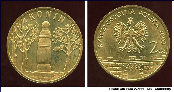 2 Zloty 
Historical Cities of Poland
Konin 
Milestone from 1151 set between 2 trees  
Eagle above battlements & gateway, value & date