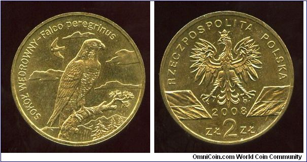 2 Zloty 
Animals of the World
Peregrine falcon 
Falcon sitting on a branch, falcon in flight amongst the clouds above mountains and
trees.
Eagle between a pair of Polish flags, value & date