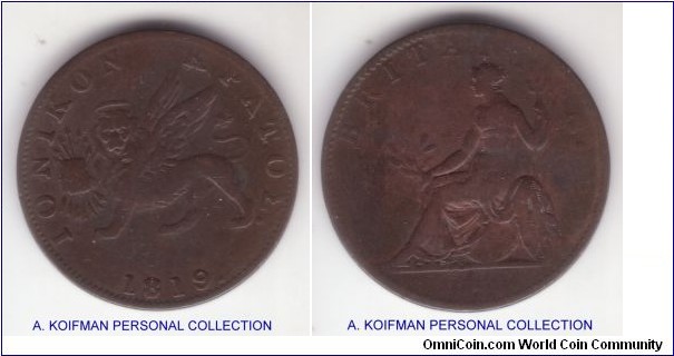 KM-31, 1819 Ionian Islands 2 lepta; copper, plain edge; fine or about; dot after date - 1819.