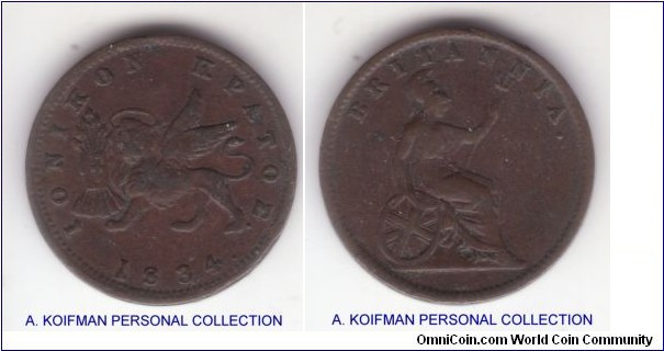 KM-34, 1834 Ionian Islands lepton; copper, plain edge; very fine, the date with the dot - 1834.