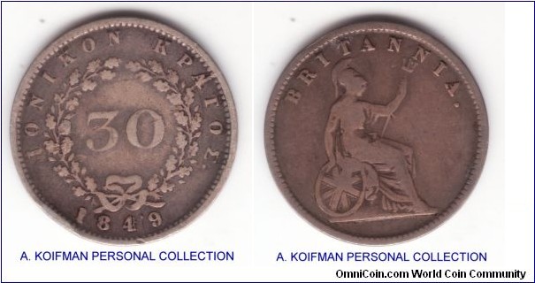 KM-35, 1849 Ionian islands 30 lepta; silver, plain edge; good fine with the rim bump